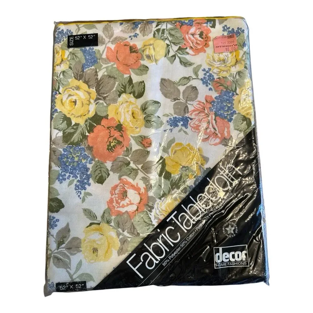 Vintage 1986 Floral Fabric Tablecloth 52”x 52” Square Cottage Core Granny Core